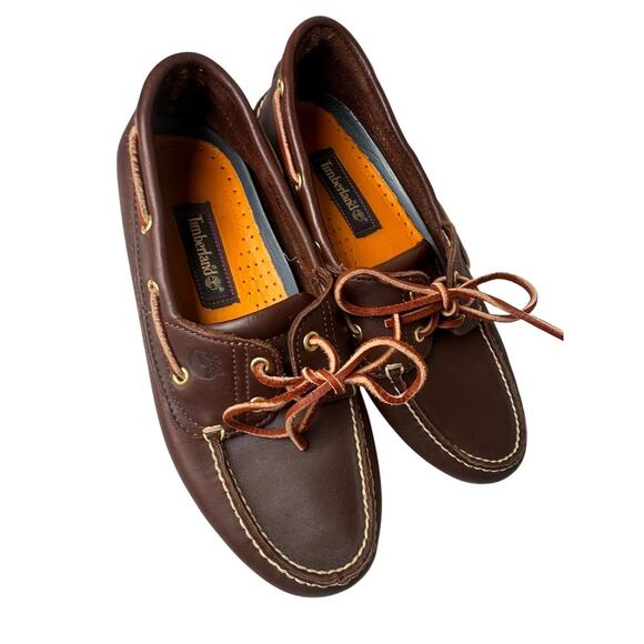Vtg Timberland Brown Leather White Sole 2 Eye Boat Shoes 74035 Preppy Men Sz 9.5 - Picture 15 of 16